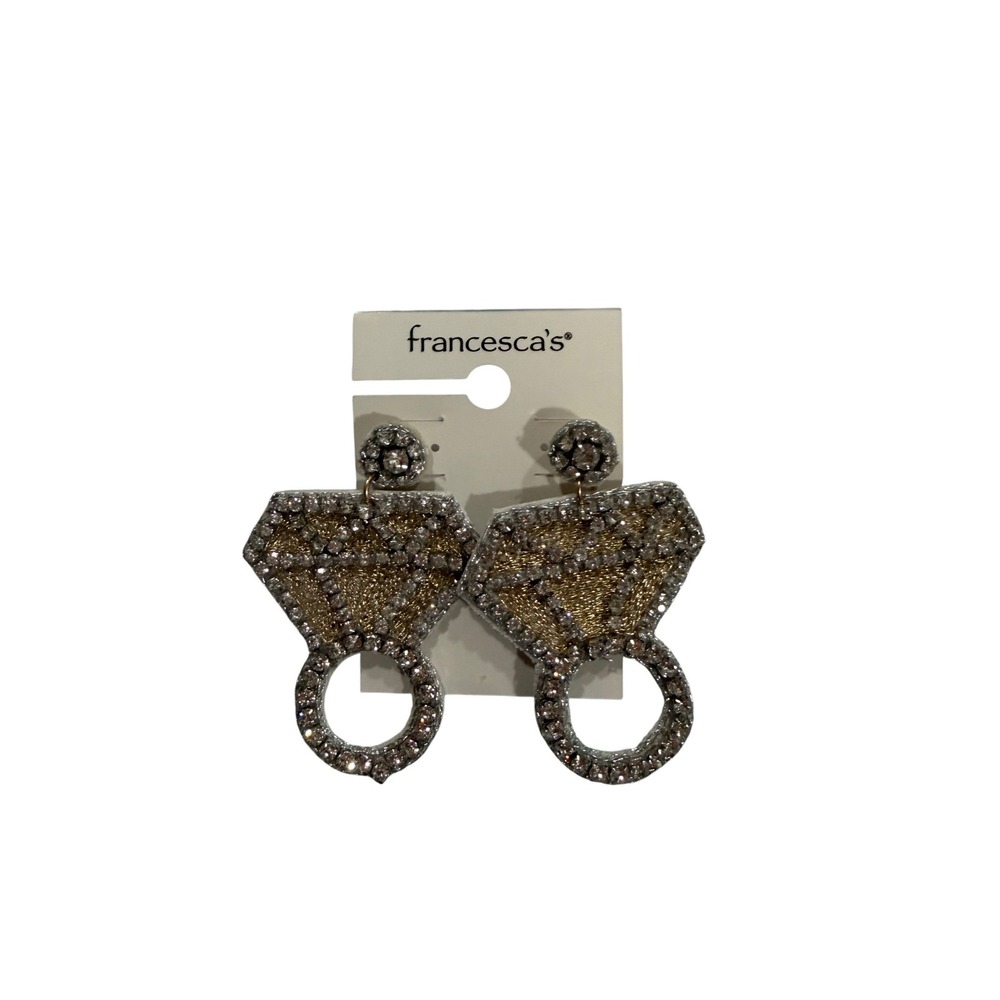 Francescas Diamond Ring Shaped Beaded Statement Earrings Dangle Drop Silver Gold